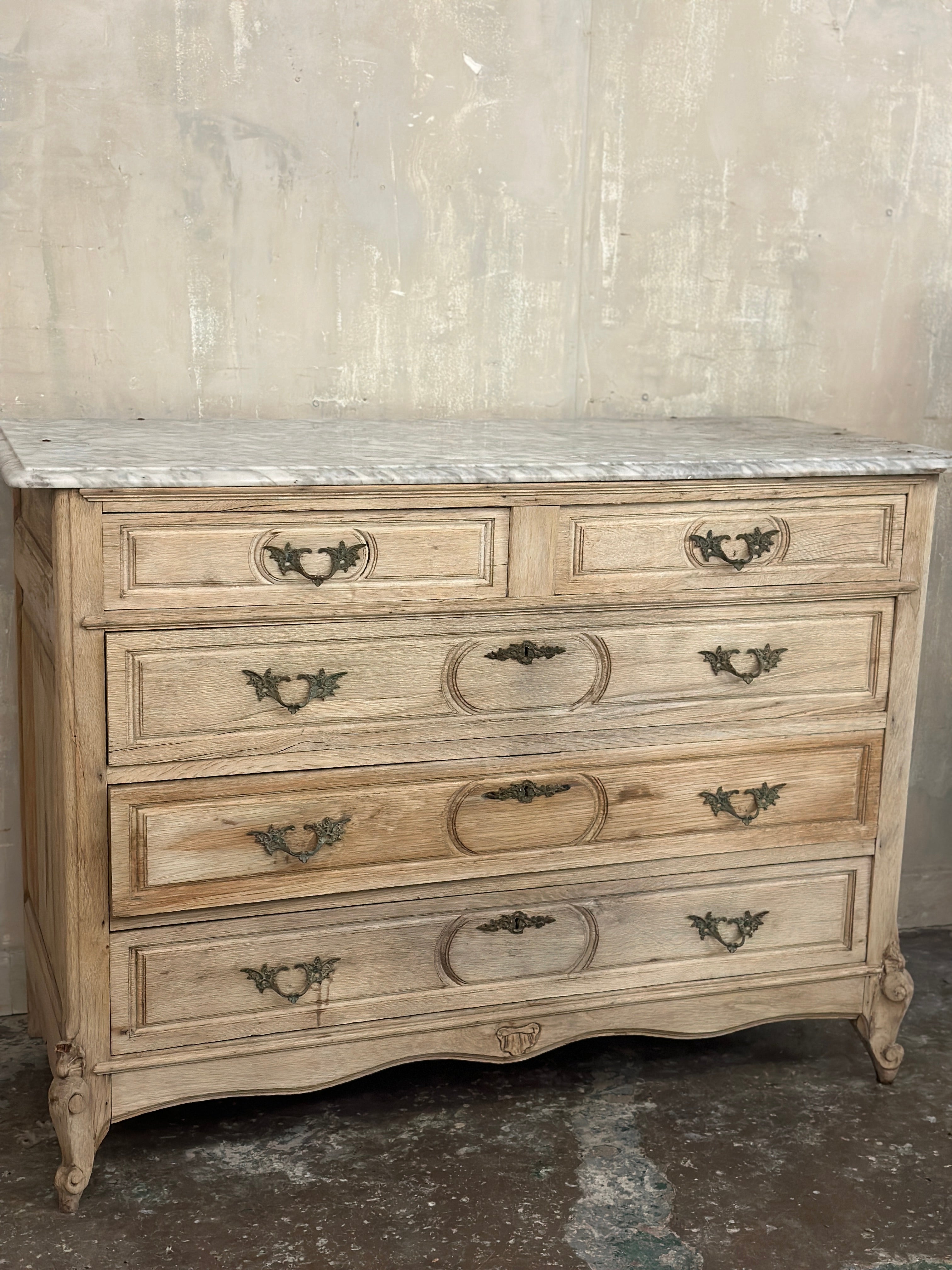 French oak marble top chest of drawers