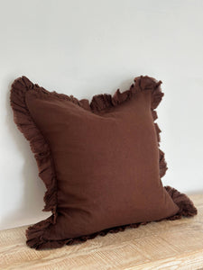 Ruffled Linen Cushion Cover – Dark Brown