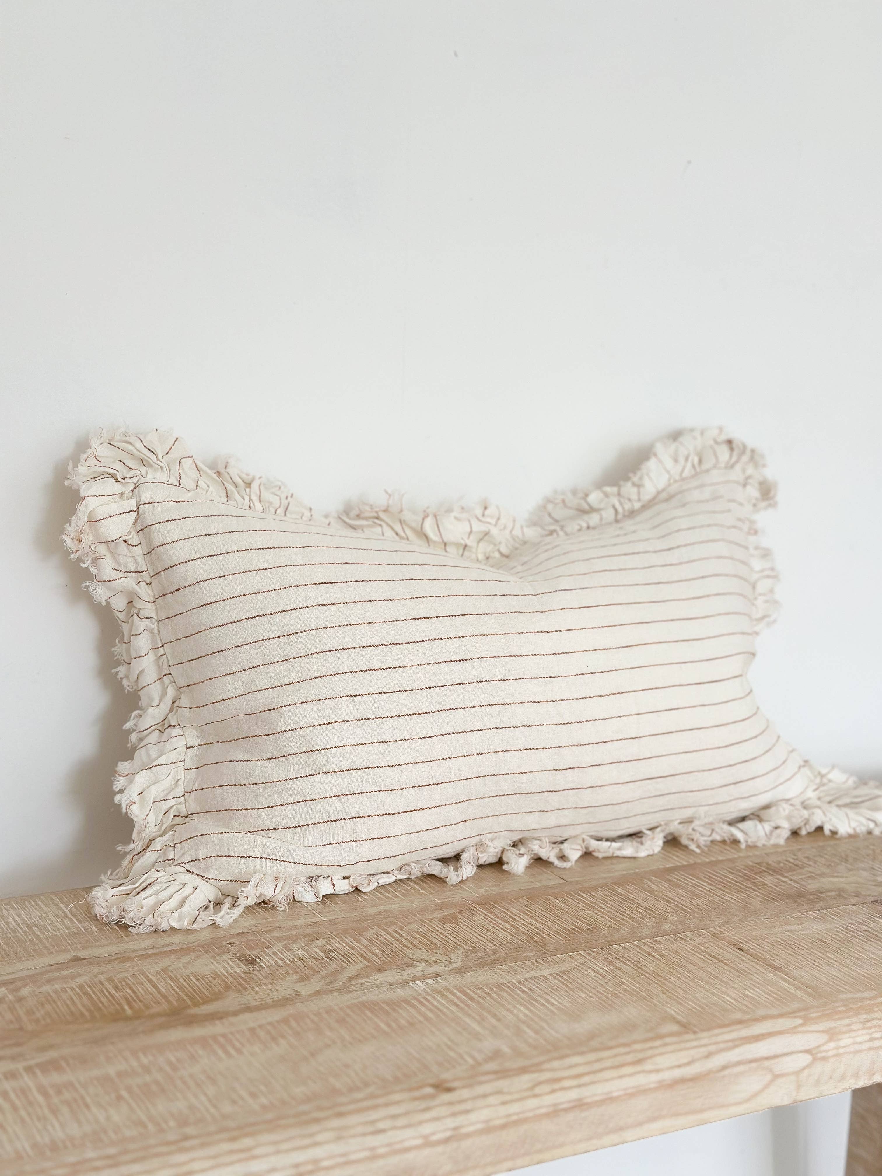 Hallie Ruffled Linen Cushion Cover 50x30 – Rust & Cream Stripe