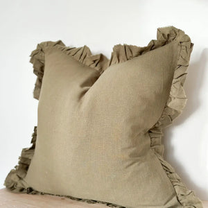 Ruffled Linen Cushion Cover – Olive