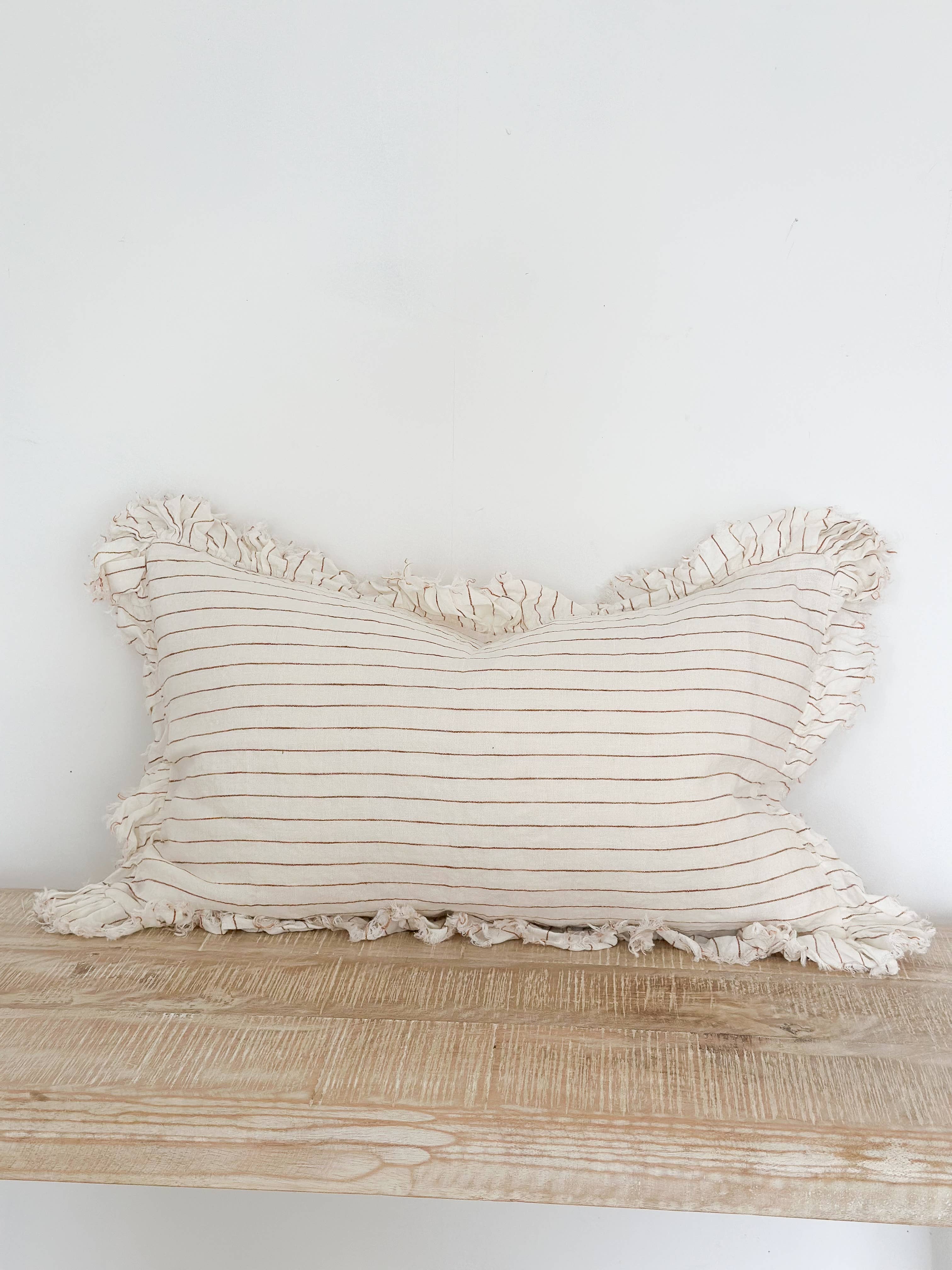 Hallie Ruffled Linen Cushion Cover 50x30 – Rust & Cream Stripe