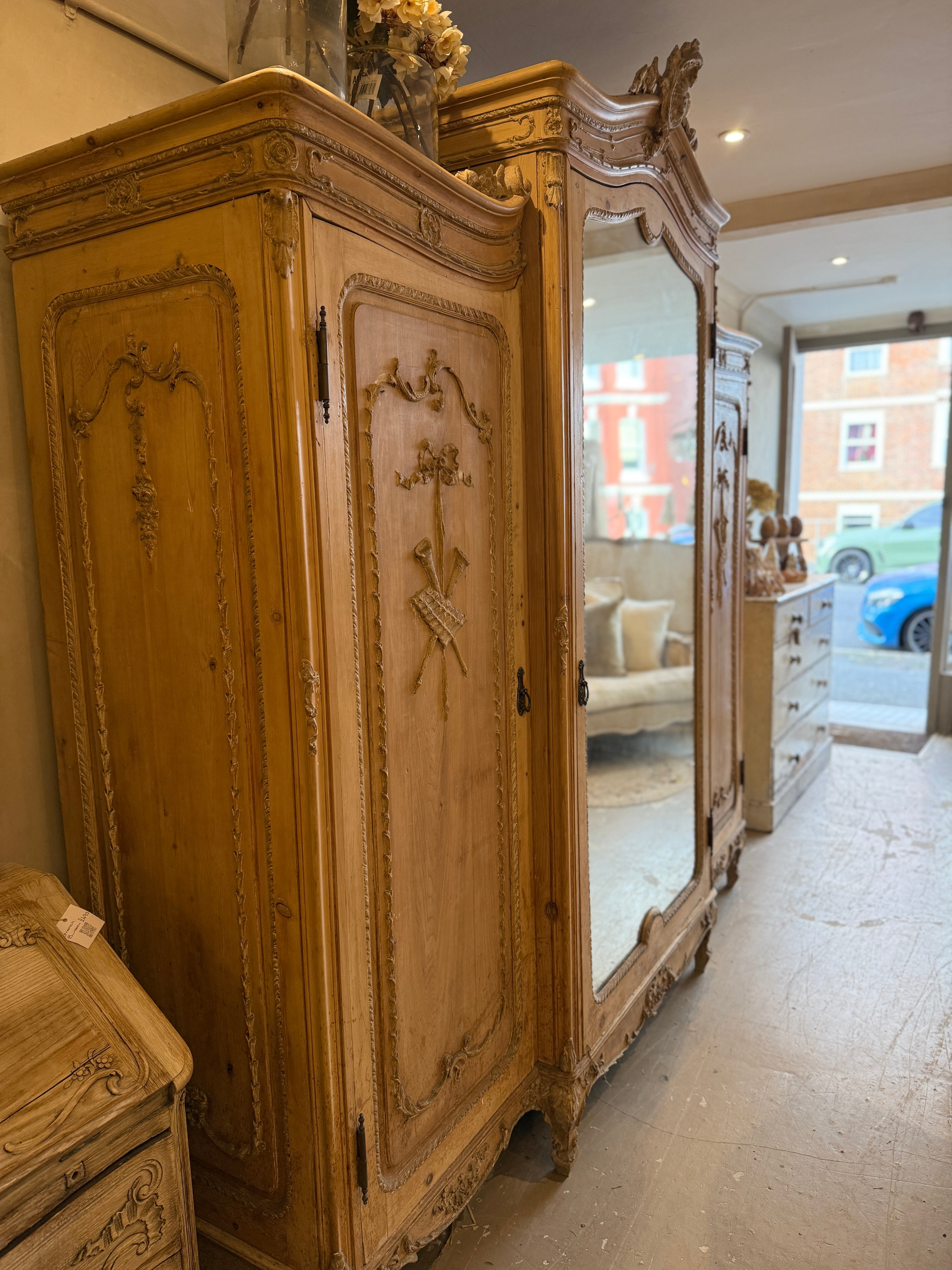 Antique French Carved Armoire with Center Mirror