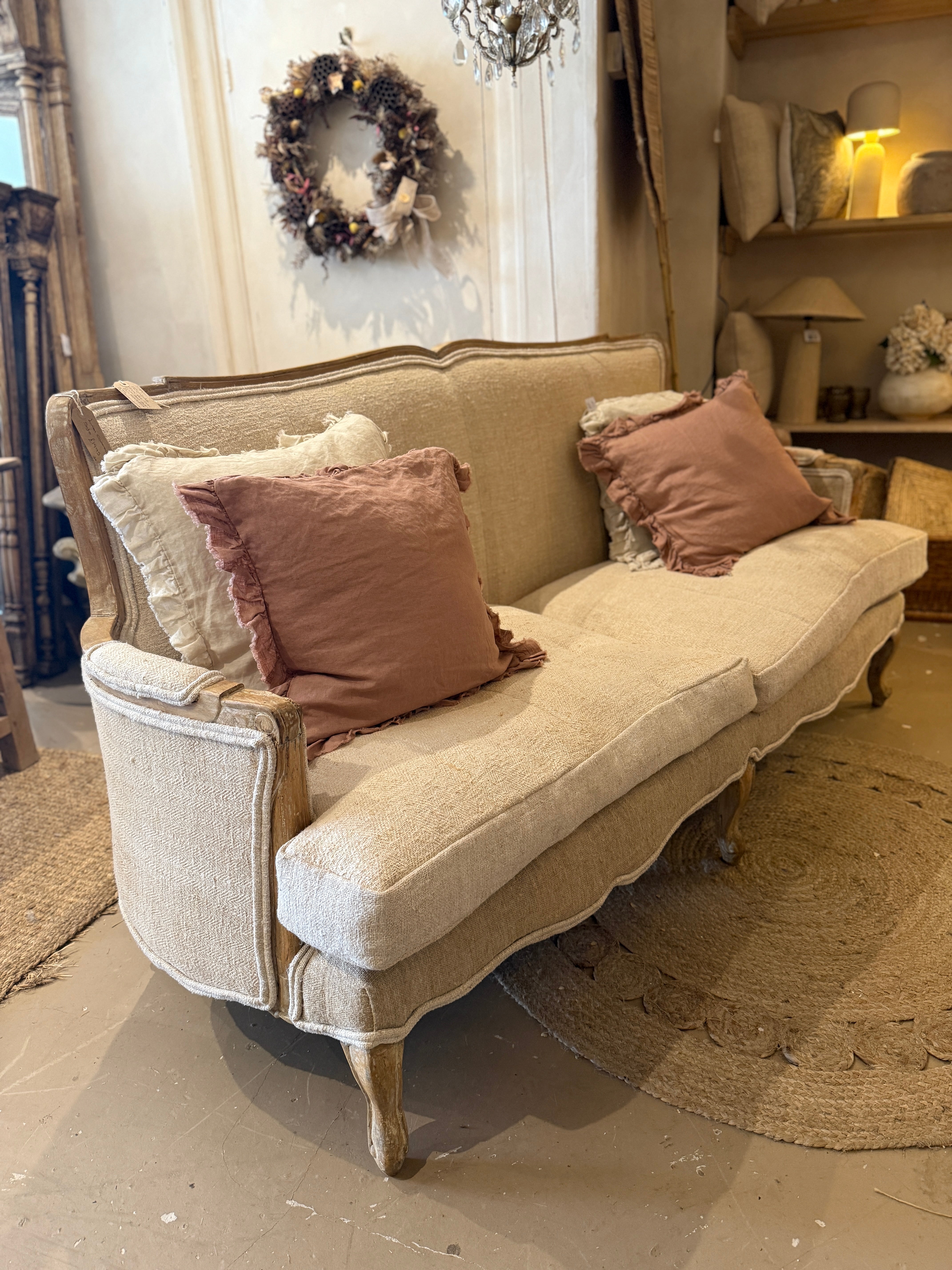 Linen covered settee
