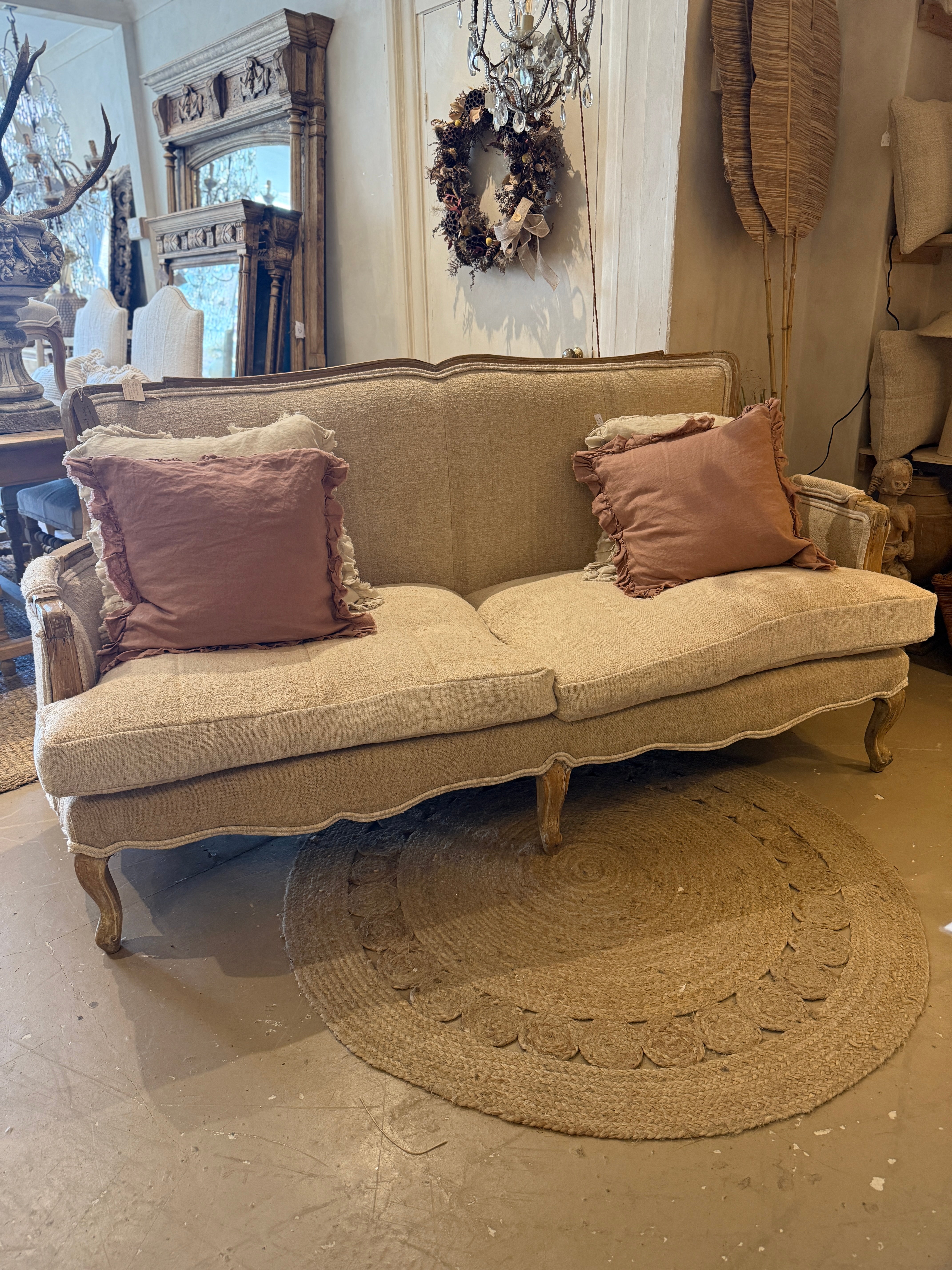 Linen covered settee