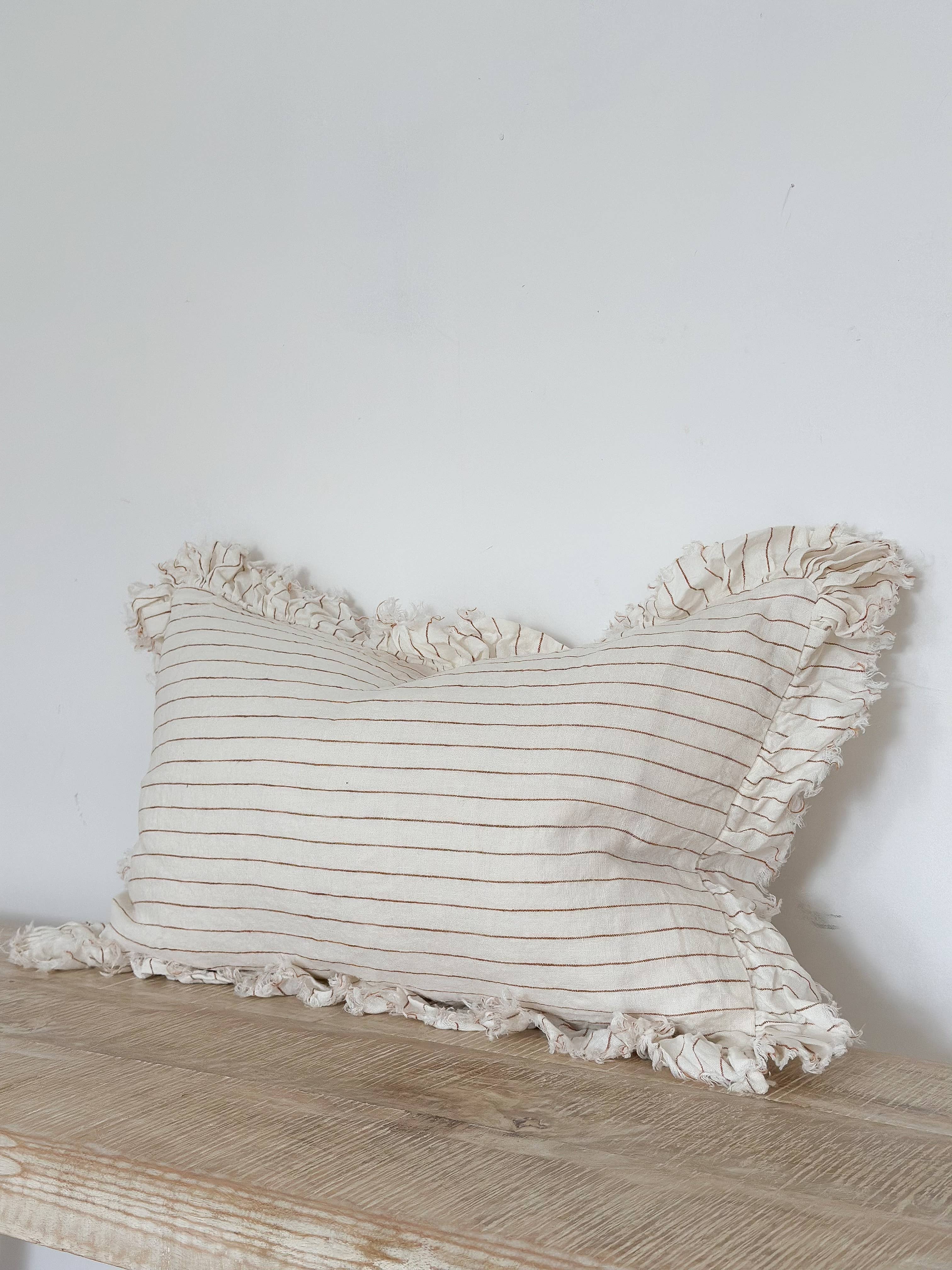 Hallie Ruffled Linen Cushion Cover 50x30 – Rust & Cream Stripe