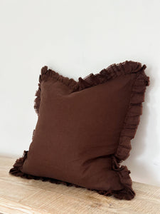 Ruffled Linen Cushion Cover – Dark Brown